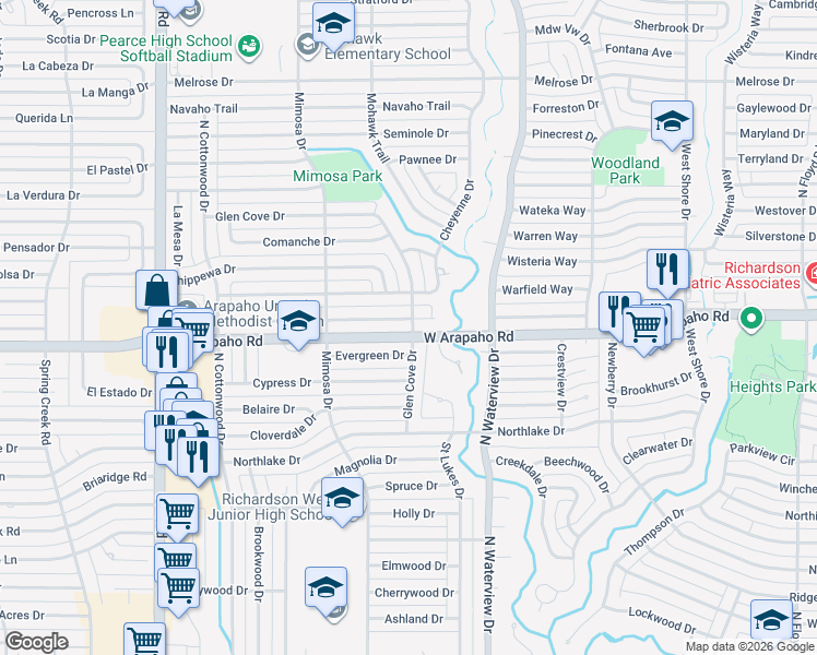 map of restaurants, bars, coffee shops, grocery stores, and more near 1202 West Arapaho Road in Richardson