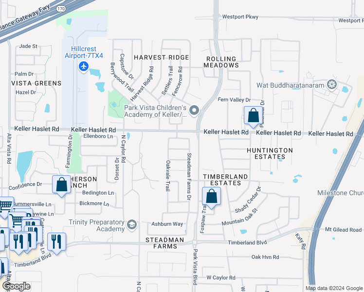 map of restaurants, bars, coffee shops, grocery stores, and more near 4325 Old Grove Way in Keller