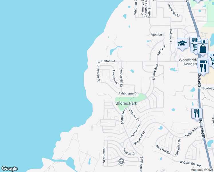 map of restaurants, bars, coffee shops, grocery stores, and more near 1700 Ashbourne Drive in Rockwall