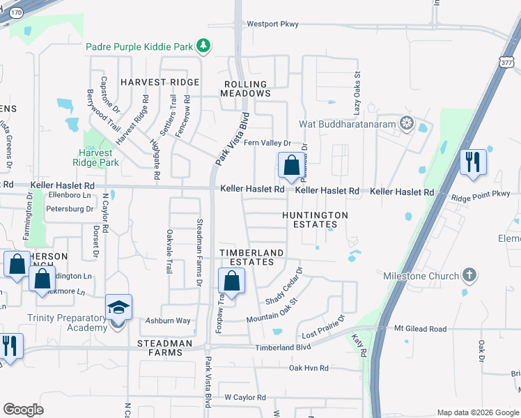 map of restaurants, bars, coffee shops, grocery stores, and more near 4521 Willow Rock Lane in Fort Worth