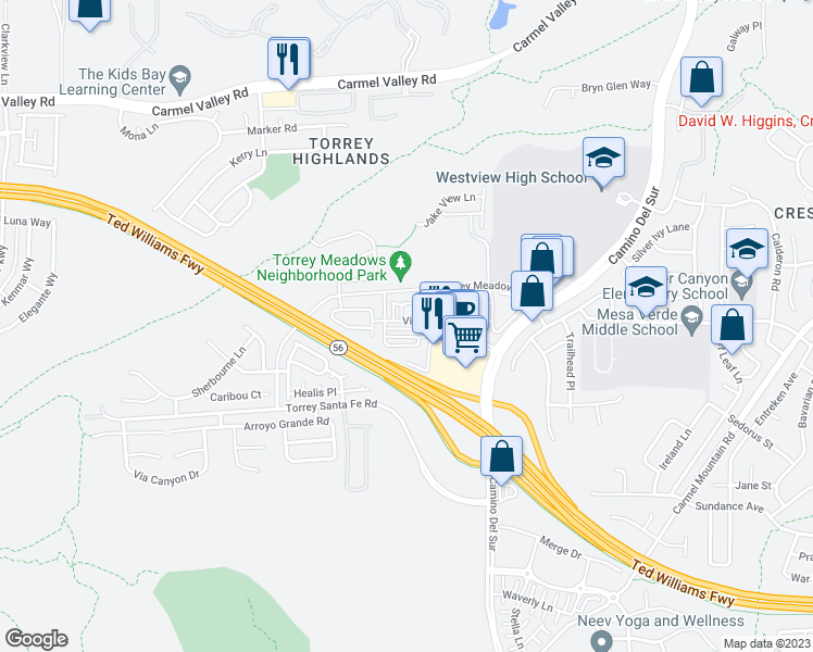 map of restaurants, bars, coffee shops, grocery stores, and more near 7755 Via Montebello in San Diego