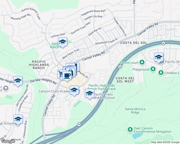 map of restaurants, bars, coffee shops, grocery stores, and more near 6136 Galante Place in San Diego