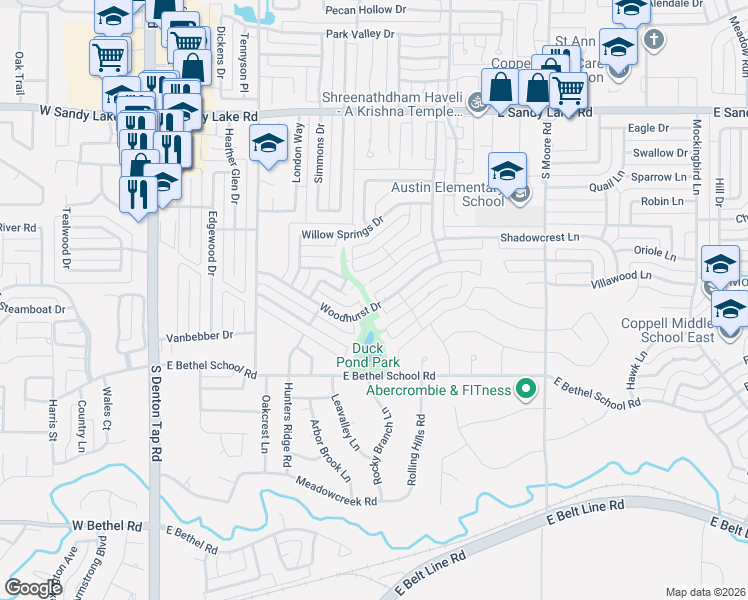 map of restaurants, bars, coffee shops, grocery stores, and more near 406 Woodhurst Drive in Coppell