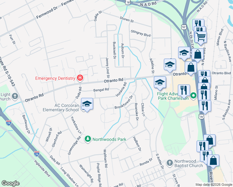 map of restaurants, bars, coffee shops, grocery stores, and more near 2432 Vistavia Road in North Charleston