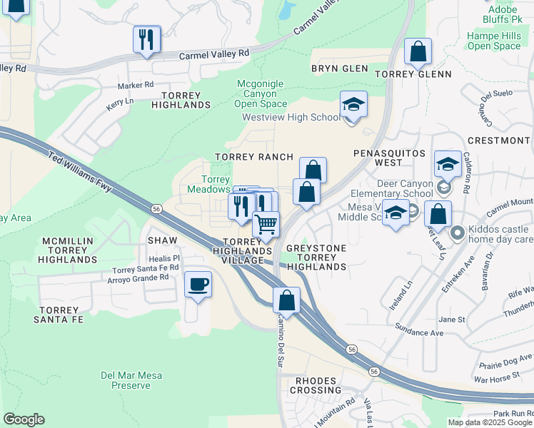 map of restaurants, bars, coffee shops, grocery stores, and more near 7895 Via Montebello in San Diego