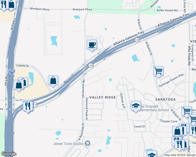 map of restaurants, bars, coffee shops, grocery stores, and more near 3061 Bella Lago Drive in Fort Worth