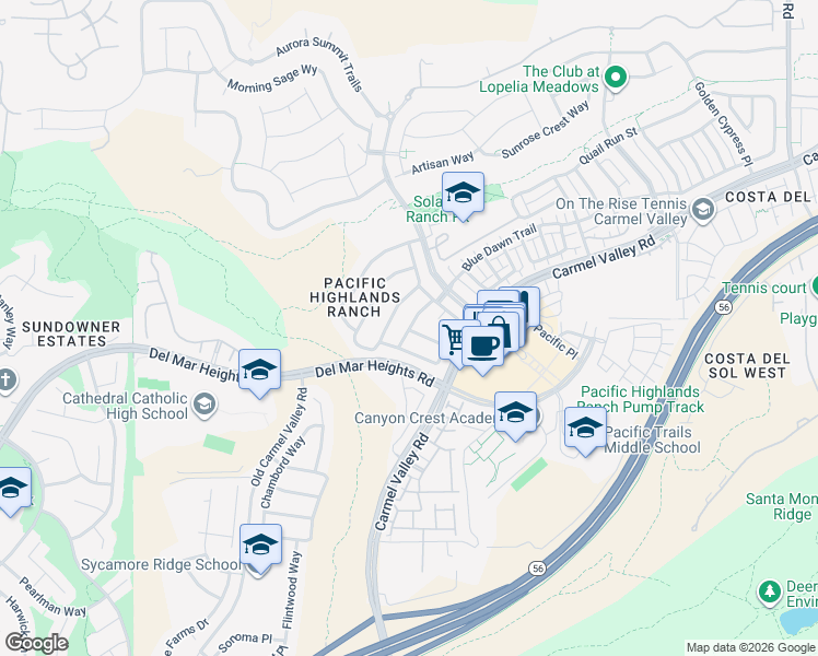 map of restaurants, bars, coffee shops, grocery stores, and more near 5733 Cornflower Trail in San Diego