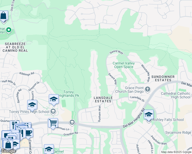 map of restaurants, bars, coffee shops, grocery stores, and more near 13491 Glencliff Way in San Diego