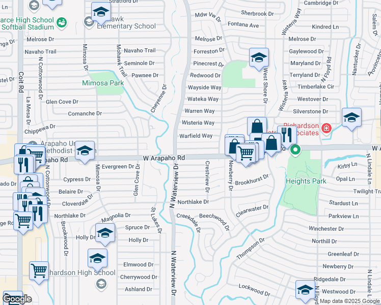 map of restaurants, bars, coffee shops, grocery stores, and more near 919 Wedgewood Way in Richardson