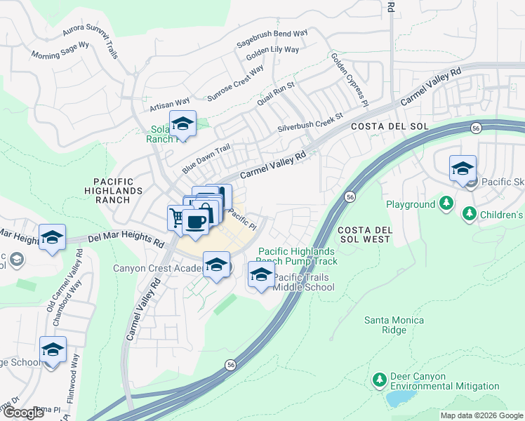 map of restaurants, bars, coffee shops, grocery stores, and more near 6012 Village Center Loop Road in San Diego