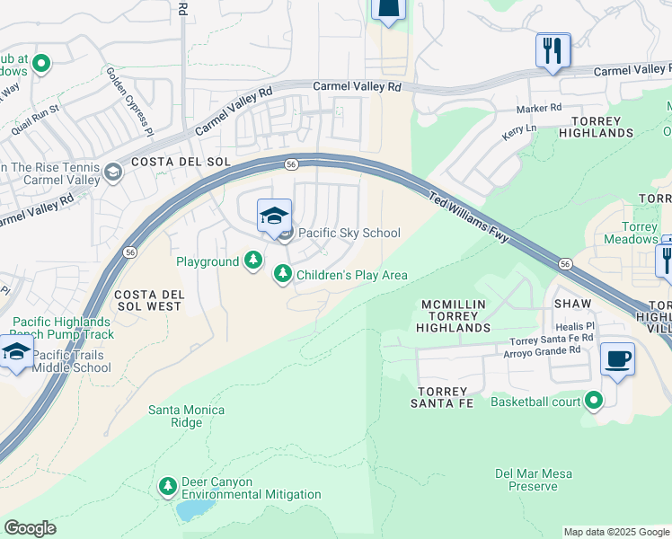 map of restaurants, bars, coffee shops, grocery stores, and more near 6693 Elegante Way in San Diego