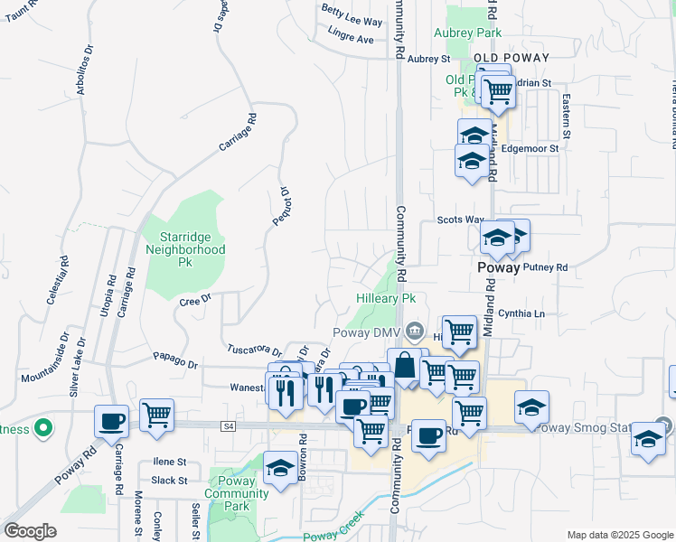 map of restaurants, bars, coffee shops, grocery stores, and more near 13669 Comuna Drive in Poway
