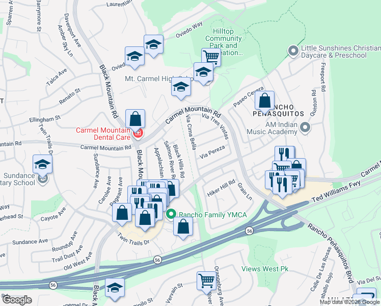 map of restaurants, bars, coffee shops, grocery stores, and more near 13673 Via Cima Bella in San Diego