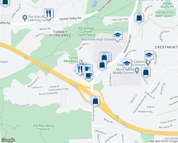 map of restaurants, bars, coffee shops, grocery stores, and more near 13316 Camino Del Sur in San Diego