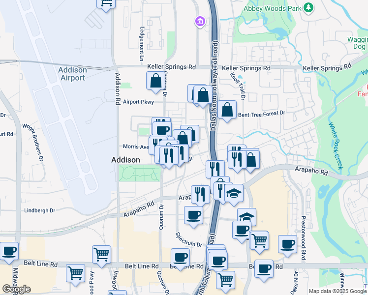 map of restaurants, bars, coffee shops, grocery stores, and more near 5055 Addison Circle in Addison