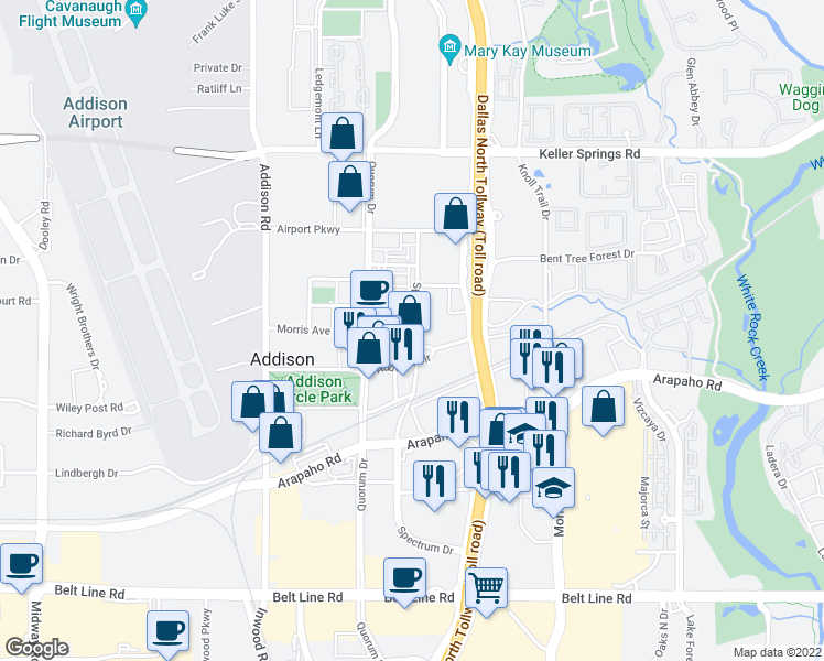 map of restaurants, bars, coffee shops, grocery stores, and more near 5055 Addison Circle in Addison