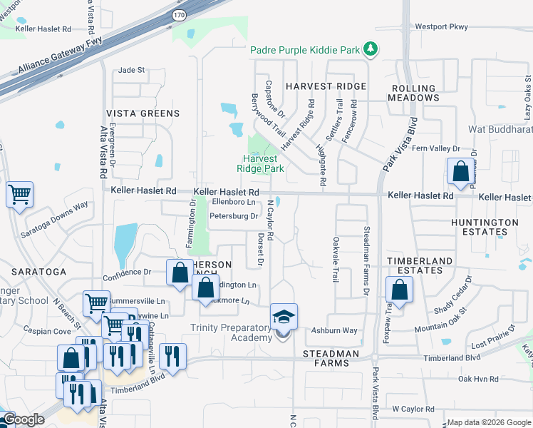 map of restaurants, bars, coffee shops, grocery stores, and more near 4138 Petersburg Drive in Fort Worth