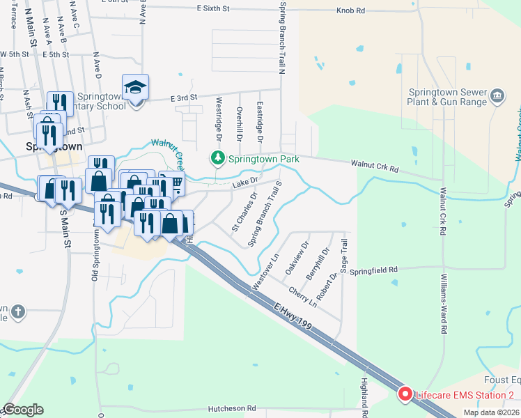 map of restaurants, bars, coffee shops, grocery stores, and more near 224 Spring Branch Trail South in Springtown