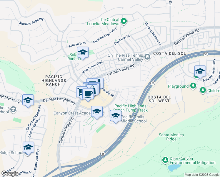 map of restaurants, bars, coffee shops, grocery stores, and more near 12932 Peppergrass Creek Gate in San Diego