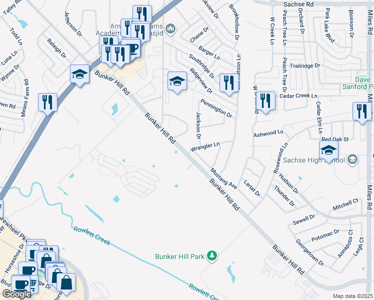 map of restaurants, bars, coffee shops, grocery stores, and more near 2607 Wrangler Lane in Sachse