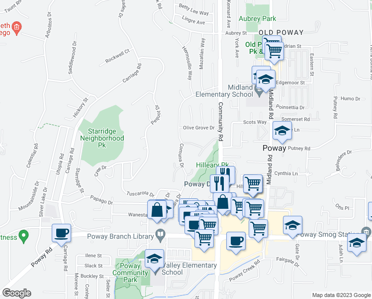 map of restaurants, bars, coffee shops, grocery stores, and more near 13669 Comuna Drive in Poway