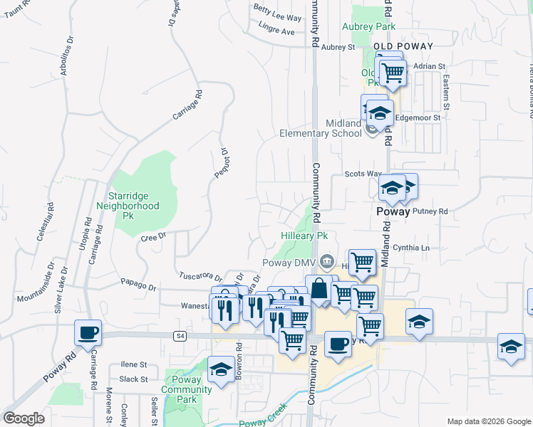 map of restaurants, bars, coffee shops, grocery stores, and more near 13675 Comuna Drive in Poway