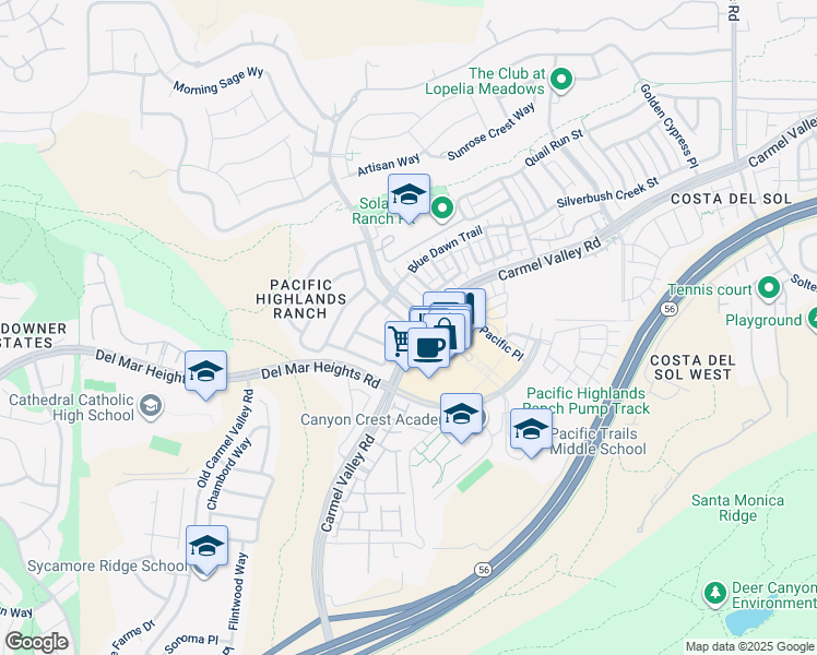 map of restaurants, bars, coffee shops, grocery stores, and more near 5869 Cape Jewels Trail in San Diego