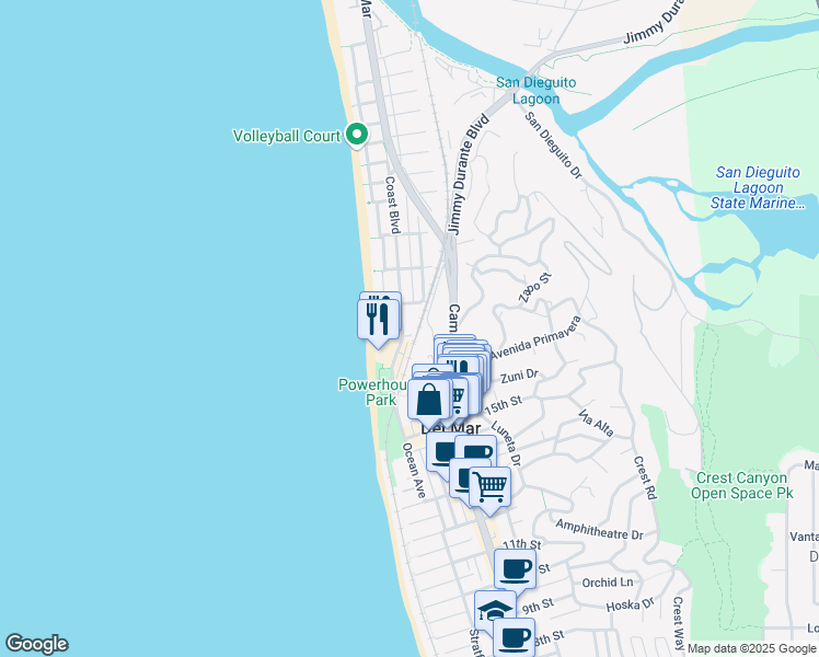 map of restaurants, bars, coffee shops, grocery stores, and more near 1709 Coast Boulevard in Del Mar