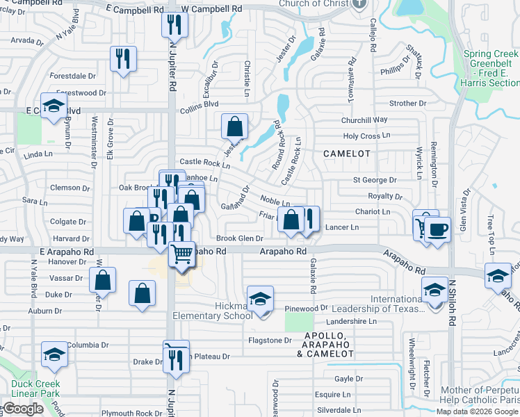 map of restaurants, bars, coffee shops, grocery stores, and more near 3201 Friar Lane in Garland