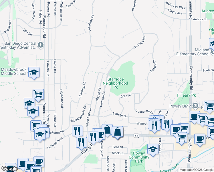 map of restaurants, bars, coffee shops, grocery stores, and more near 13622 Starridge Street in Poway