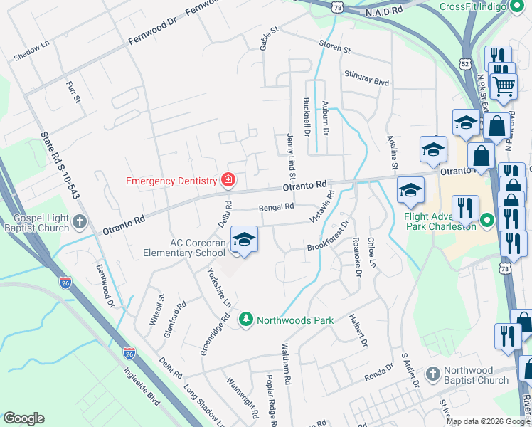 map of restaurants, bars, coffee shops, grocery stores, and more near 2498 Vistavia Road in North Charleston
