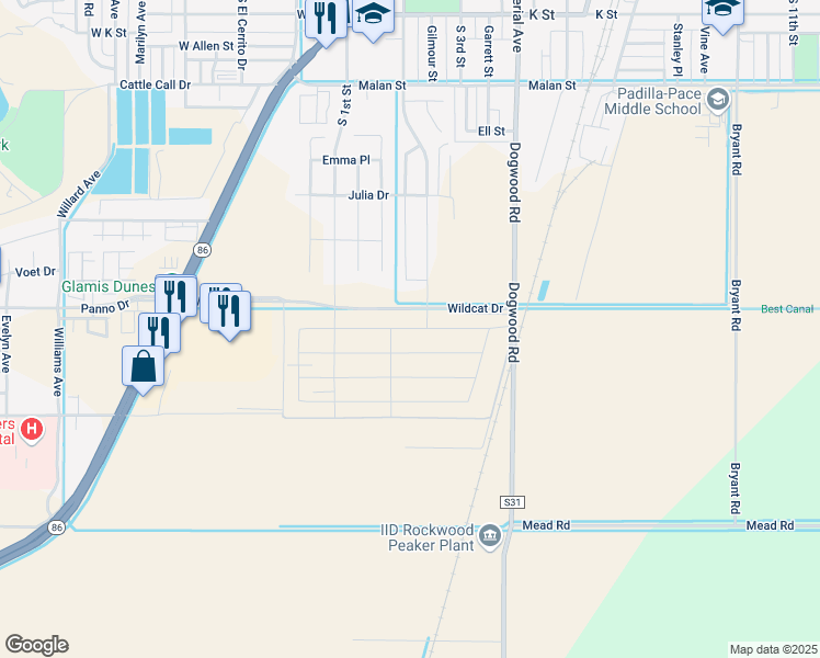 map of restaurants, bars, coffee shops, grocery stores, and more near 183 Appaloosa St in Brawley