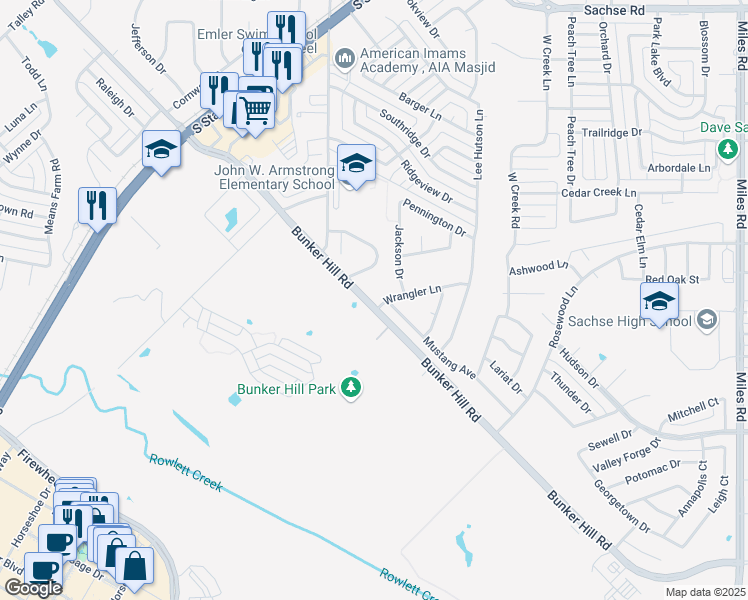 map of restaurants, bars, coffee shops, grocery stores, and more near 2607 Wrangler Lane in Sachse