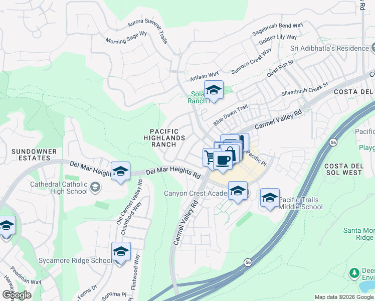 map of restaurants, bars, coffee shops, grocery stores, and more near 13482 Moonflower Meadows Trail in San Diego