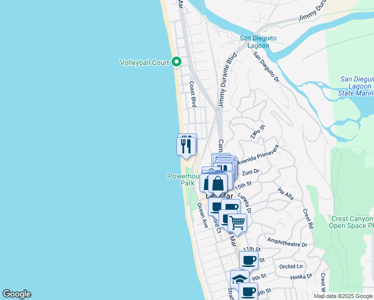 map of restaurants, bars, coffee shops, grocery stores, and more near 1716 Ocean Front in Del Mar