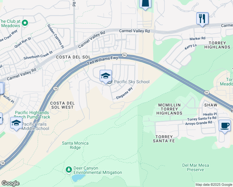 map of restaurants, bars, coffee shops, grocery stores, and more near 6650 Elegante Way in San Diego