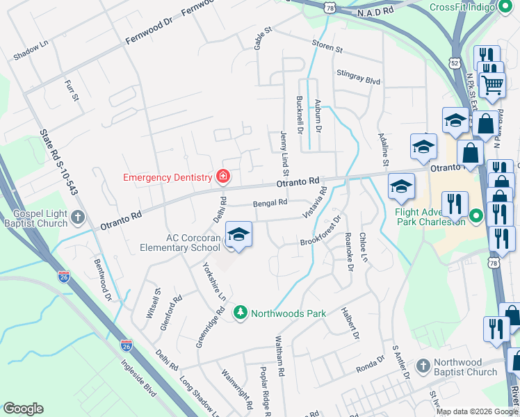 map of restaurants, bars, coffee shops, grocery stores, and more near 2498 Vistavia Road in North Charleston