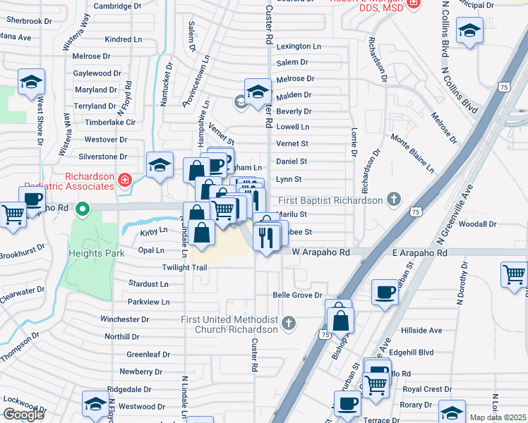 map of restaurants, bars, coffee shops, grocery stores, and more near 518 West Arapaho Road in Richardson