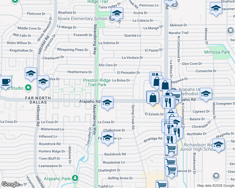 map of restaurants, bars, coffee shops, grocery stores, and more near 7706 La Risa Drive in Dallas