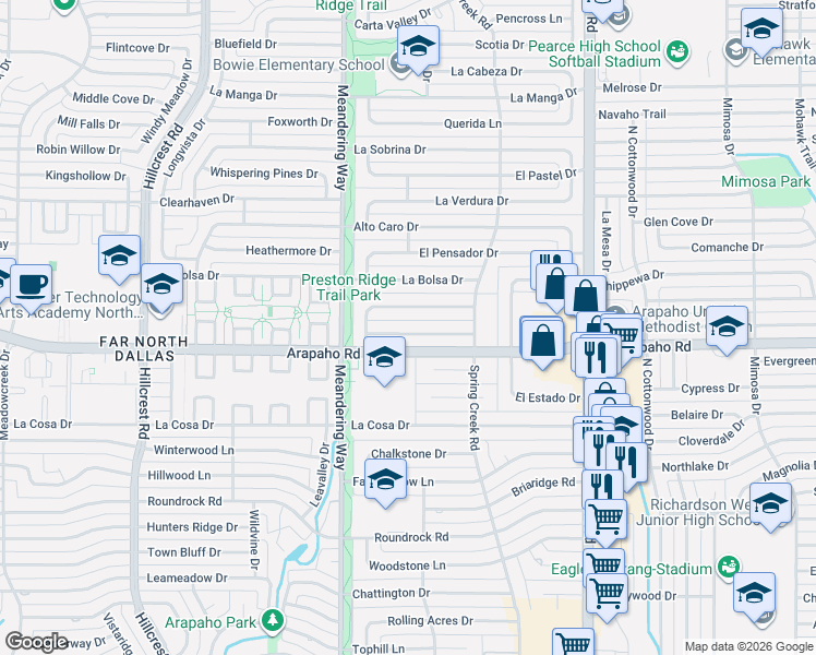 map of restaurants, bars, coffee shops, grocery stores, and more near 7706 La Risa Drive in Dallas