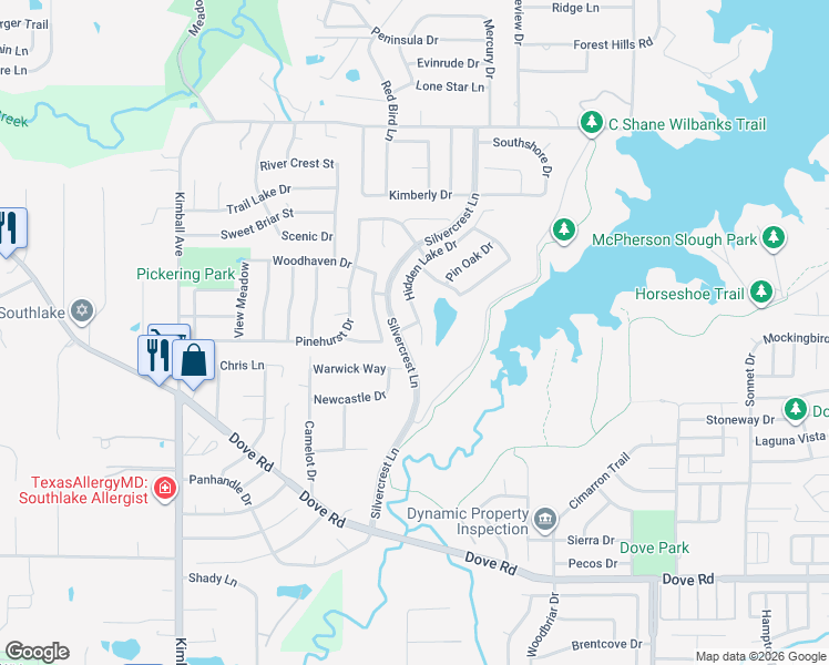 map of restaurants, bars, coffee shops, grocery stores, and more near 2702 Hidden Lake Drive in Grapevine