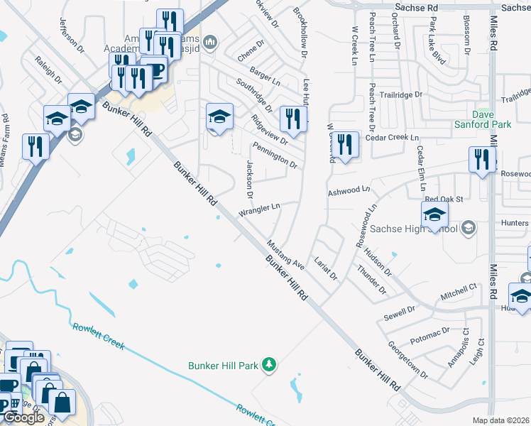 map of restaurants, bars, coffee shops, grocery stores, and more near 4128 Mane Drive in Sachse
