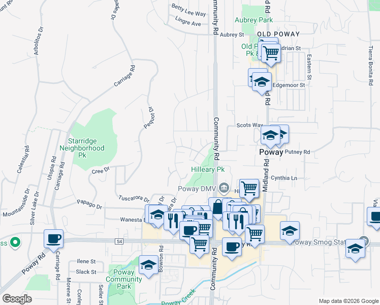 map of restaurants, bars, coffee shops, grocery stores, and more near 13655 Sycamore Tree Lane in Poway