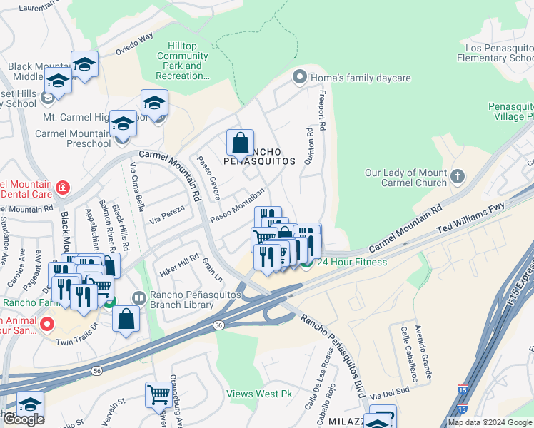 map of restaurants, bars, coffee shops, grocery stores, and more near 9916 Caminito Bolsa in San Diego