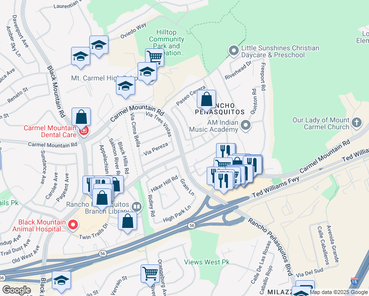 map of restaurants, bars, coffee shops, grocery stores, and more near 9808 Paseo Montalban in San Diego