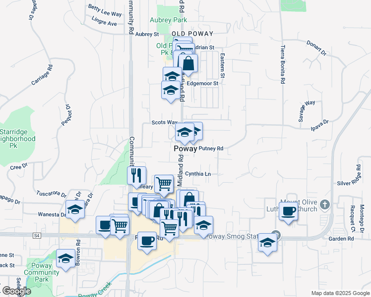 map of restaurants, bars, coffee shops, grocery stores, and more near 13601 Putney Road in Poway