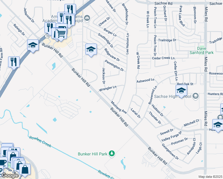 map of restaurants, bars, coffee shops, grocery stores, and more near 4128 Mane Drive in Sachse