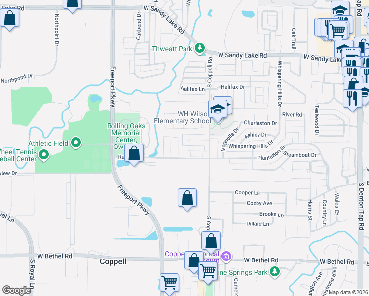 map of restaurants, bars, coffee shops, grocery stores, and more near 96 Oak Village Mobile Home Park in Coppell