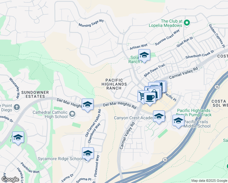 map of restaurants, bars, coffee shops, grocery stores, and more near 5757 Aster Meadows Place in San Diego