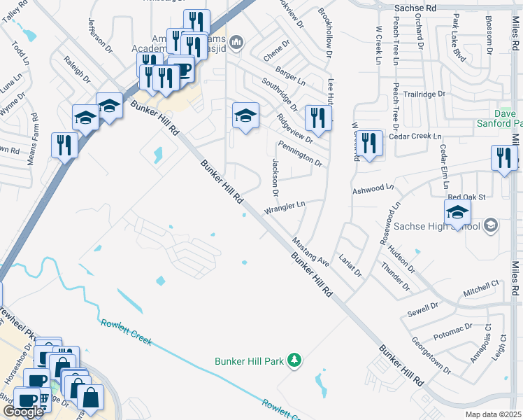 map of restaurants, bars, coffee shops, grocery stores, and more near 2611 Wrangler Lane in Sachse